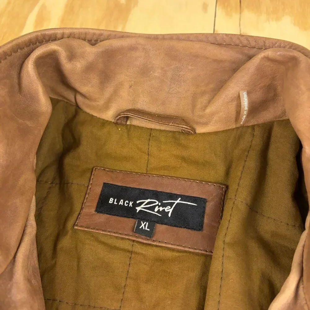 Vintage Black Rivet Distressed Leather Moto Jacket – Brown – Men’s XL